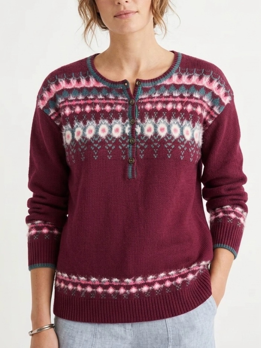 Sundance Fair Isle Henley Knit Pullover Sweater Cottagecore Boho S